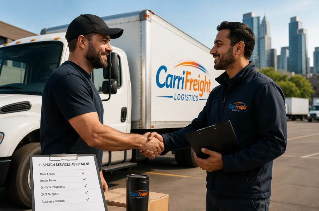 Professional box truck owner operator reviewing route optimization and freight dispatch information beside a commercial box truck with support from CarriFreight Logistics dispatch services.
