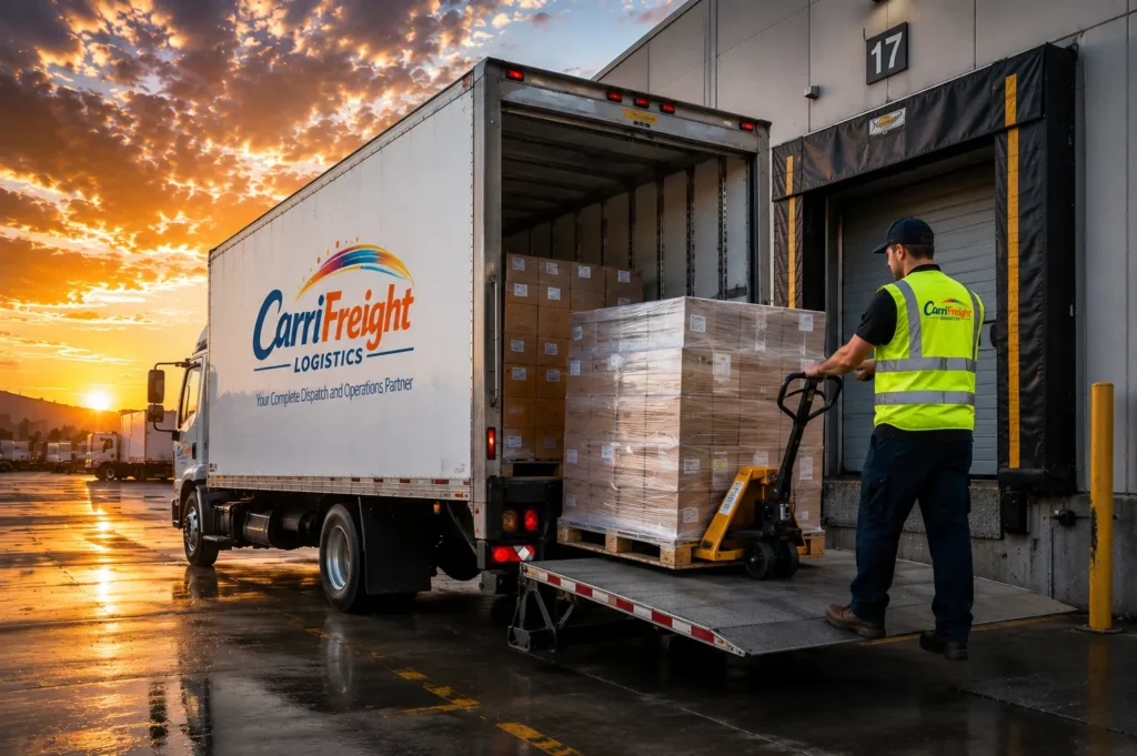 Warehouse worker unloading palletized freight from a commercial box truck at a distribution center loading dock during a logistics delivery operation.