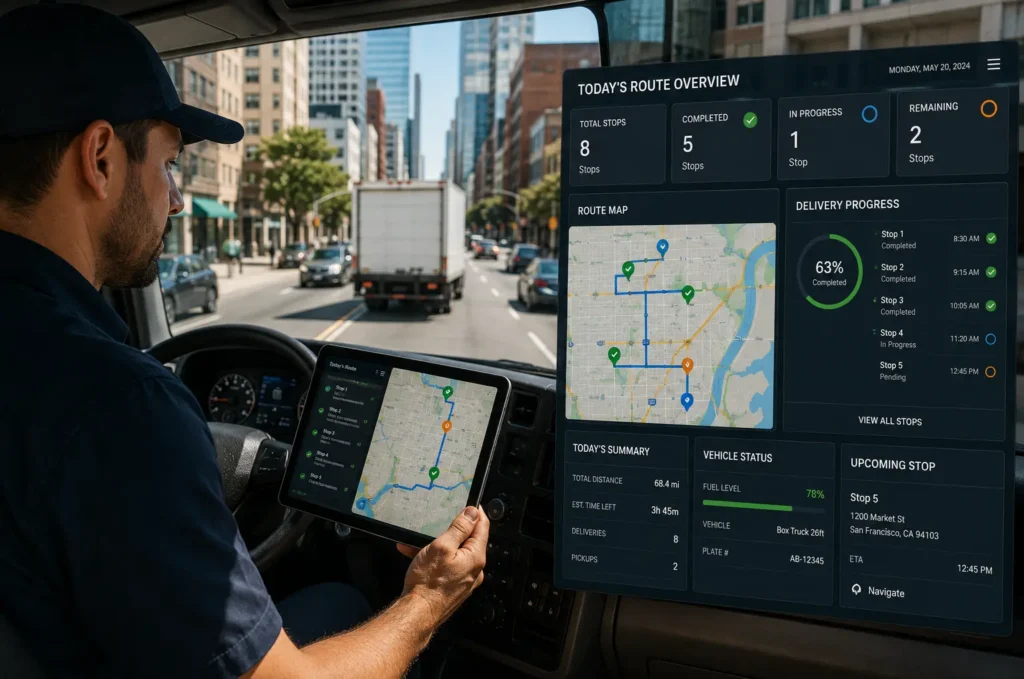 Box truck owner operator using route optimization and dispatch management software to track deliveries, optimize routes and improve transportation efficiency.