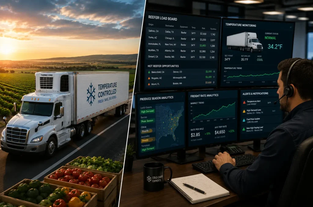 CarriFreight Logistics reefer dispatch services managing temperature-controlled freight transportation with refrigerated truck load planning, temperature monitoring, freight analytics, and cold chain logistics support across the United States.
