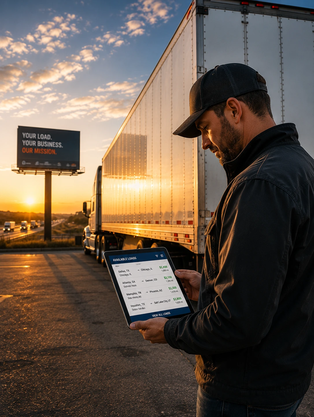 Dry van owner operator reviewing freight opportunities and load board information on tablet while managing long-haul transportation operations with CarriFreight Logistics dispatch support.