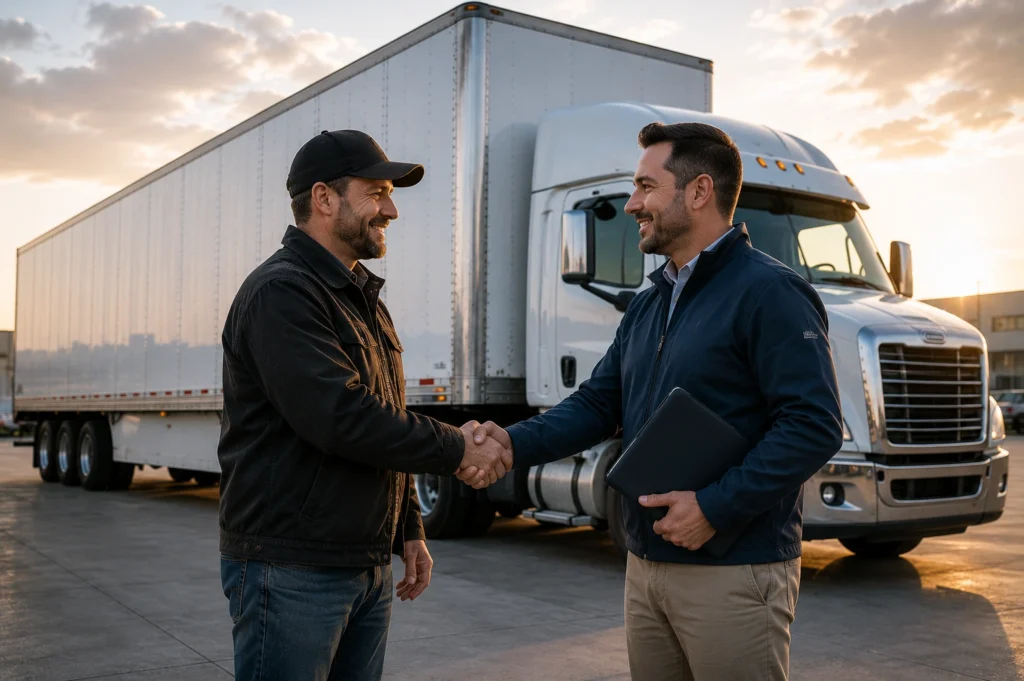 Owner operator shaking hands with a professional dry van dispatch specialist beside a 53-foot dry van truck, representing dispatch partnership, freight management, rate negotiation, lane planning, and business growth support from CarriFreight Logistics.