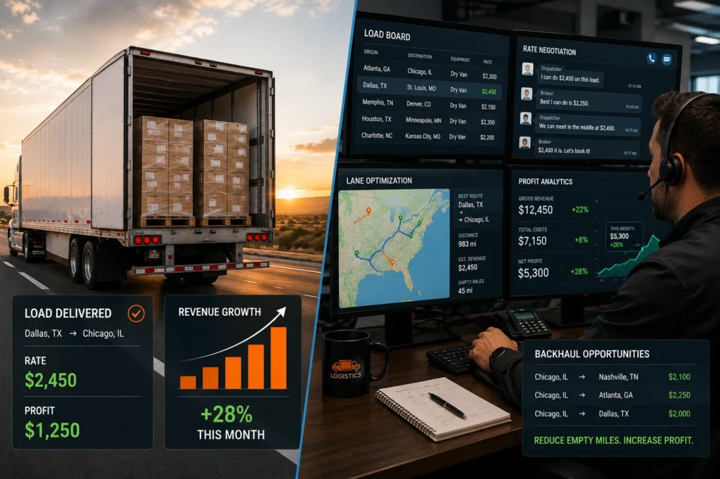 Dry van dispatch specialist managing load board opportunities, rate negotiations, route optimization and profit analysis to maximize owner operator revenue.