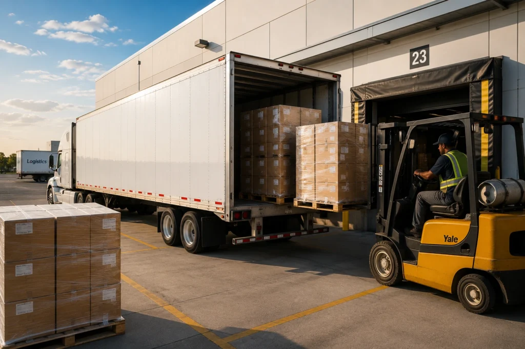 53-foot dry van trailer being loaded with palletized freight at a warehouse distribution center as part of professional dry van transportation operations.