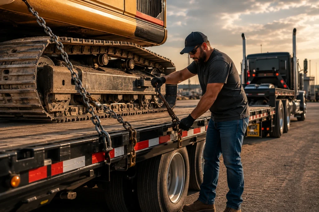 Flatbed truck driver securing heavy construction equipment with chains and binders on a flatbed trailer before transportation.