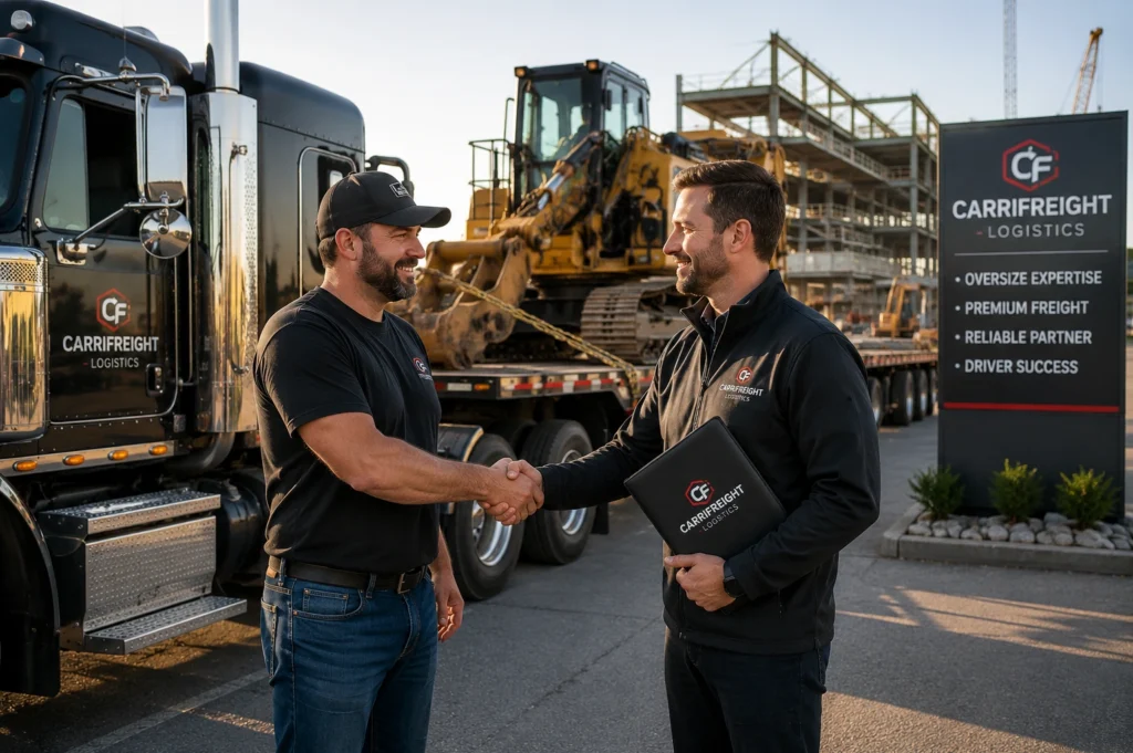 Flatbed carrier shaking hands with a CarriFreight Logistics representative beside a heavy-haul truck transporting construction equipment.