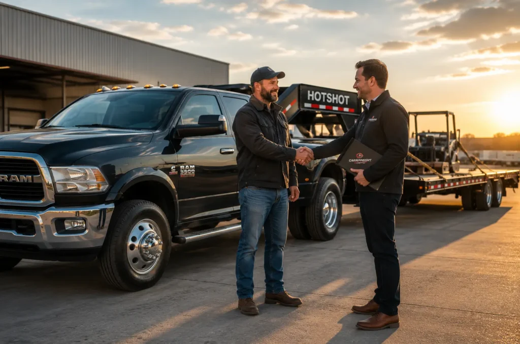 Hotshot truck owner-operator shaking hands with a dispatch representative during carrier onboarding for professional hotshot dispatch services and freight management.