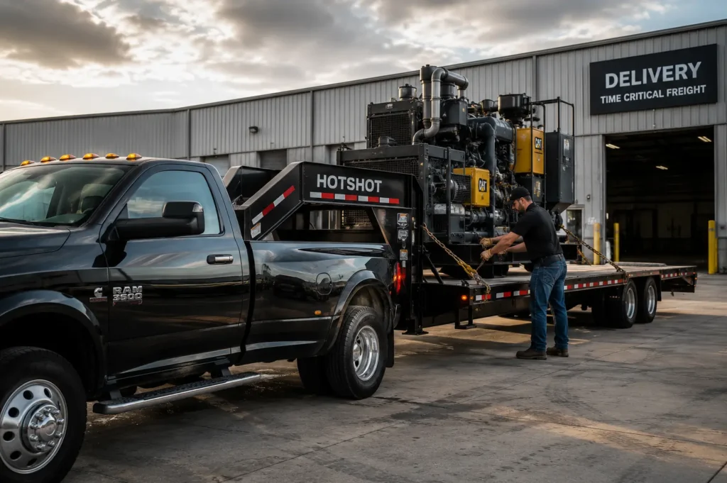 Hotshot truck transporting heavy industrial equipment on a gooseneck trailer with professional dispatch coordination for time-critical freight delivery.
