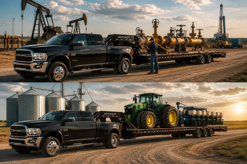 Hotshot truck transporting oilfield equipment and agricultural machinery on a gooseneck trailer with professional dispatch services for heavy haul and time-sensitive freight.
