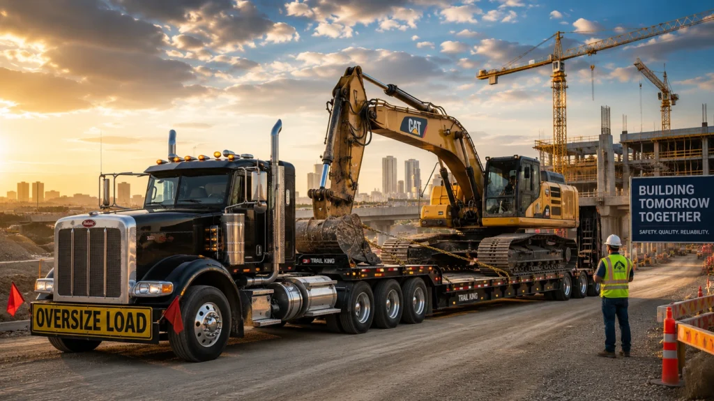 Oversize load truck transporting a CAT excavator on a step deck trailer at a construction site with professional dispatch and logistics support.