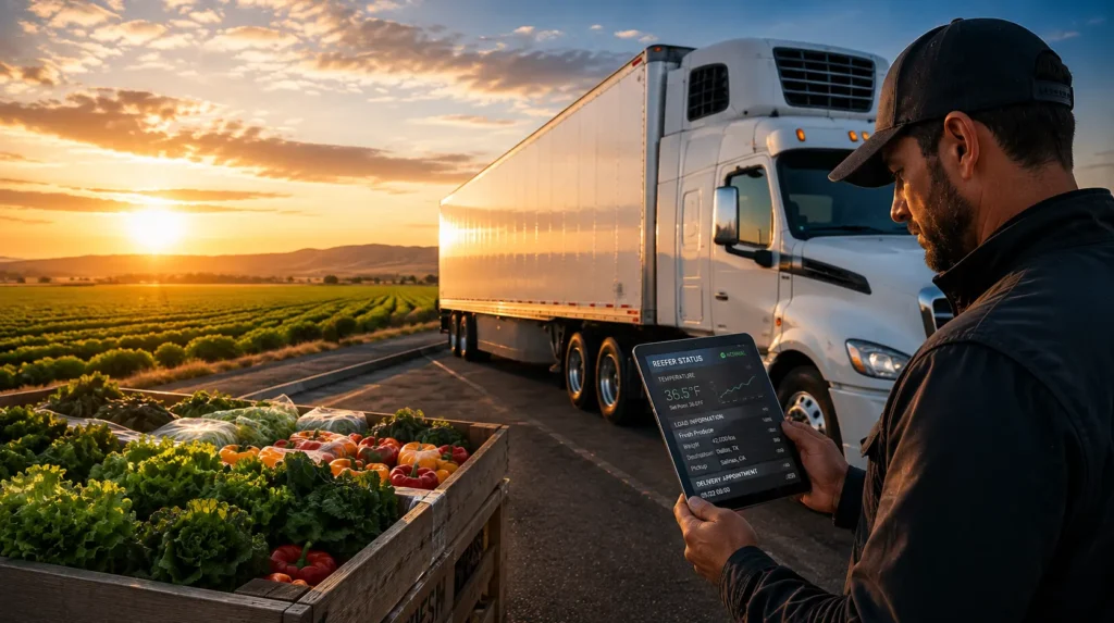 Owner operator managing refrigerated freight transportation while monitoring reefer temperature and cold chain shipment status through digital dispatch technology for temperature controlled loads.