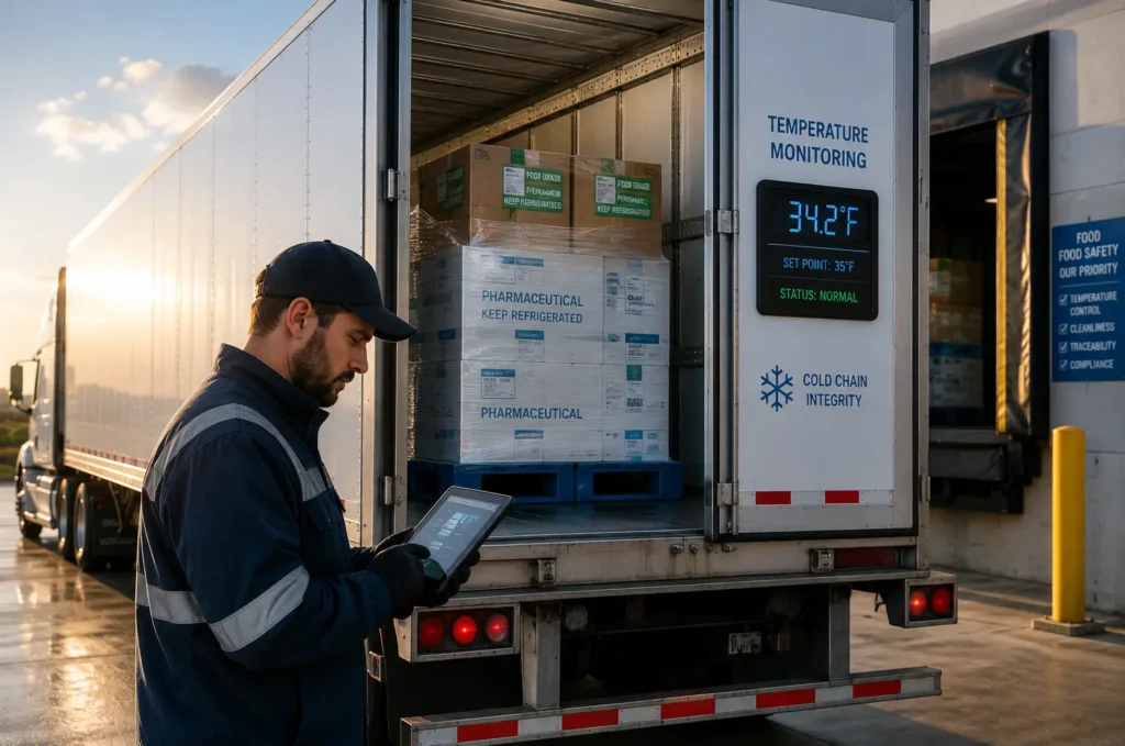 Reefer truck driver monitoring pharmaceutical and food-grade refrigerated freight temperature during loading operation, ensuring cold chain compliance and temperature-controlled transportation across the United States.